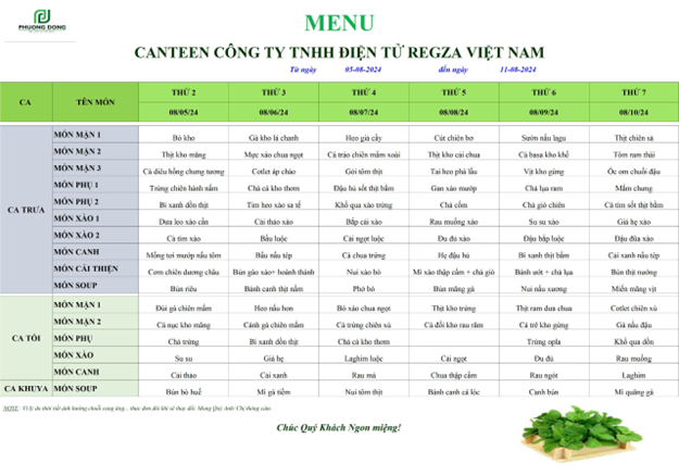 Thực đơn suất ăn công nghiệp tham khảo